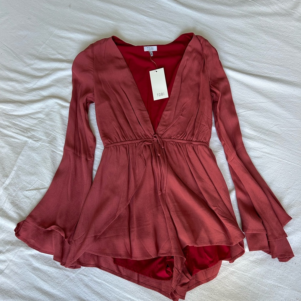 Rose Pink V Neck Romper with Bell Sleeves